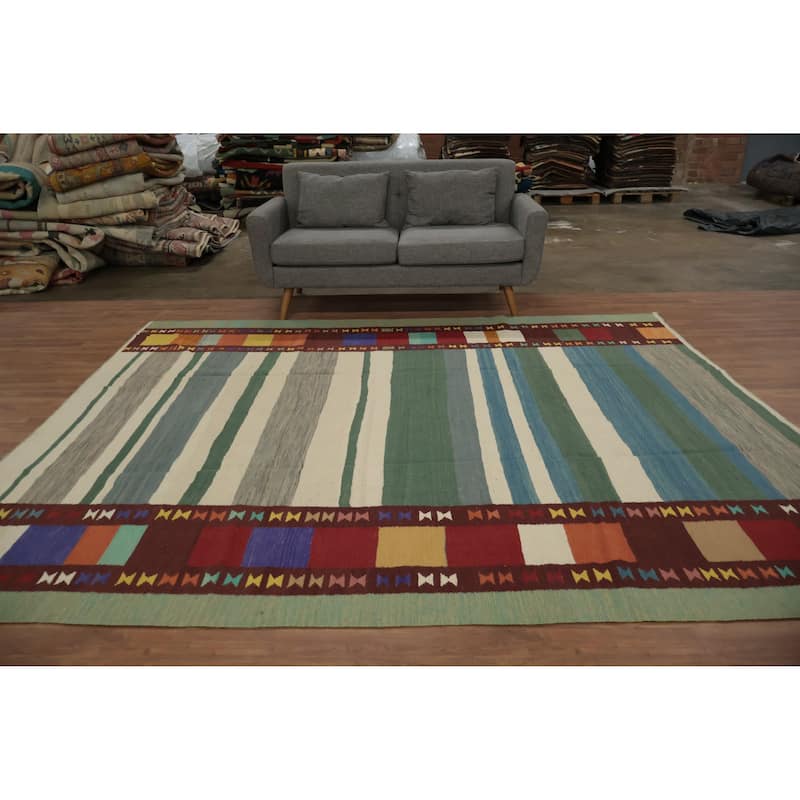 Hand Woven Oriental 100% Wool Carpet Southwestern Tribal Multi-Colored Kilim Area Rug - 9' 8'' X 8' 2''