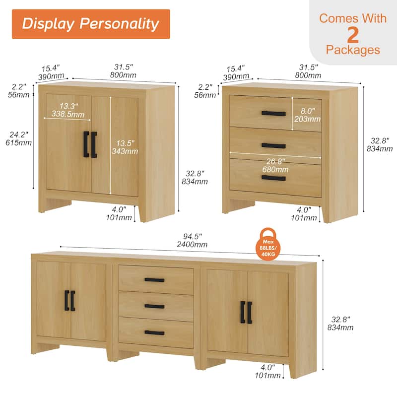 WAMPAT TV Stand for 85-Inch TVs, 3-Piece Farmhouse Media Console with Storage