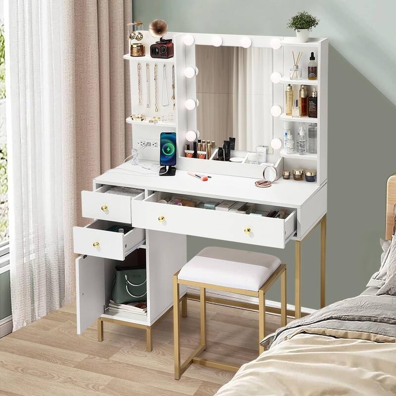 Vanity Desk with Mirror, Stool, LED Lights, Power Outlets, Drawers, Jewelry Hooks