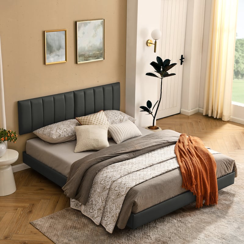 Queen Low Profile Bed Frame Upholstered Platform Bed with Wall Mounted Headboard and Wood Slats, No Box Spring Needed, Grey