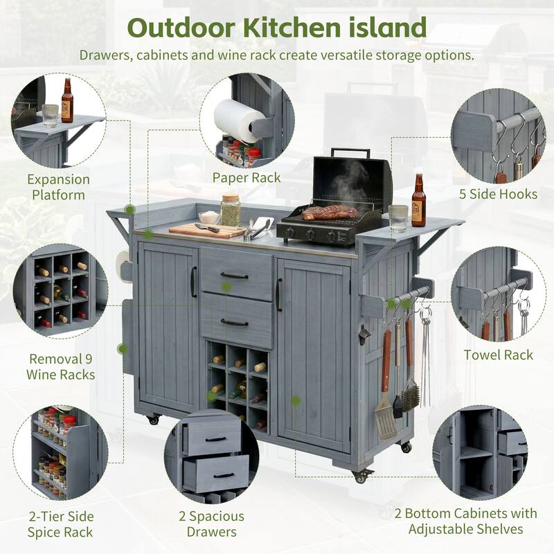 Roomfitters Outdoor Grill Cart and Kitchen Island, Stainless Steel Top, Portable Potting Bench with Storage, Wheels