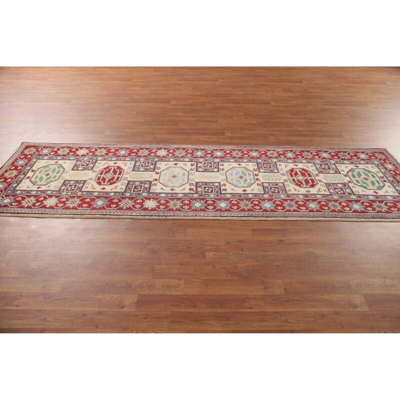 Geometric Kazak Runner Rug Hallway Handmade Wool Carpet - 2'9" x 9'4"