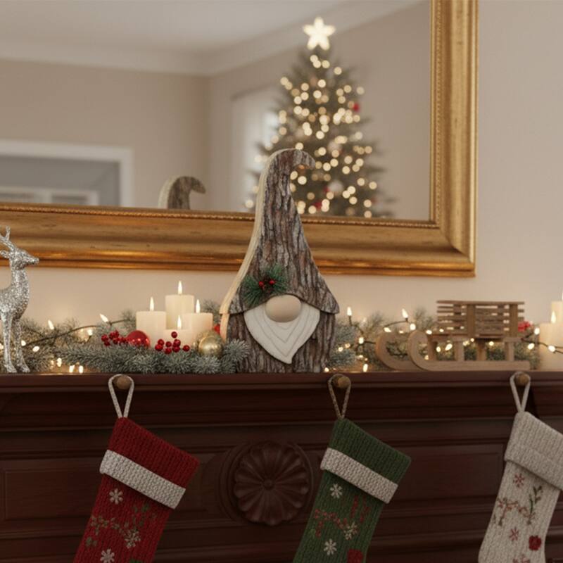 Faux Tree Bark Gnome with Holly Berry Christmas Figure - 16" - Brown and White