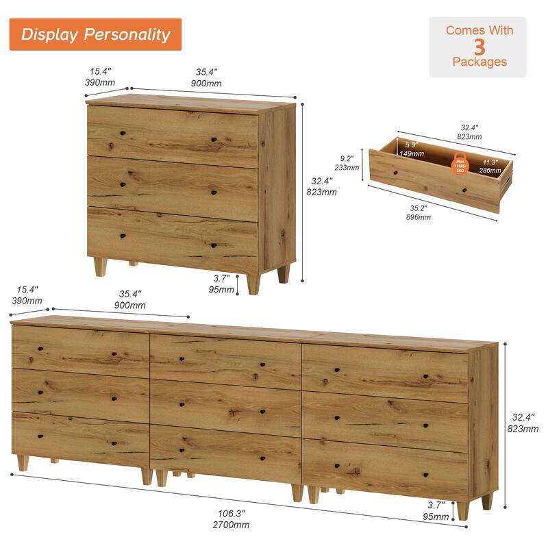 WAMPAT 9-Drawer Wide Dresser and Nightstands Set of 3 for Bedroom