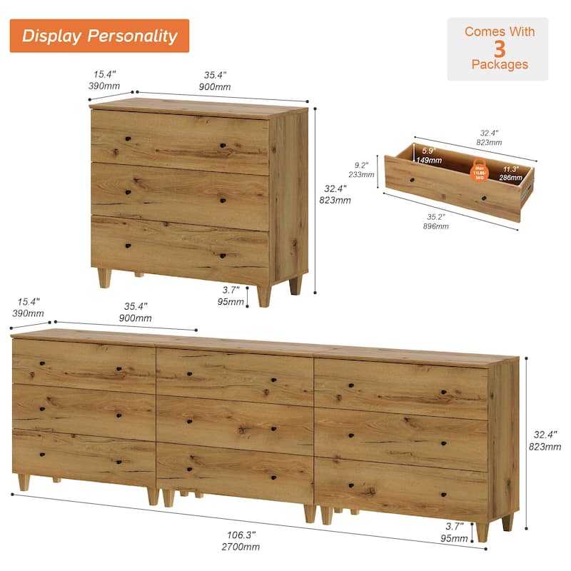 WAMPAT Dresser with 3 Drawers, 35.4" Wide Chest of Drawer for Bedroom