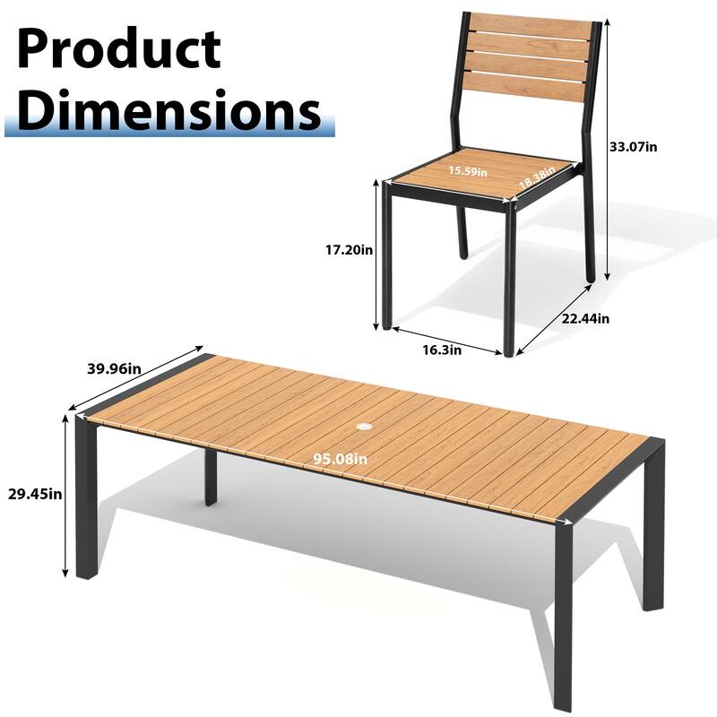 9-Piece Outdoor Patio Dining Set Wood Like Table Top Aluminum Rectangular Umbrella Hole Table with Stackable Dining Chairs