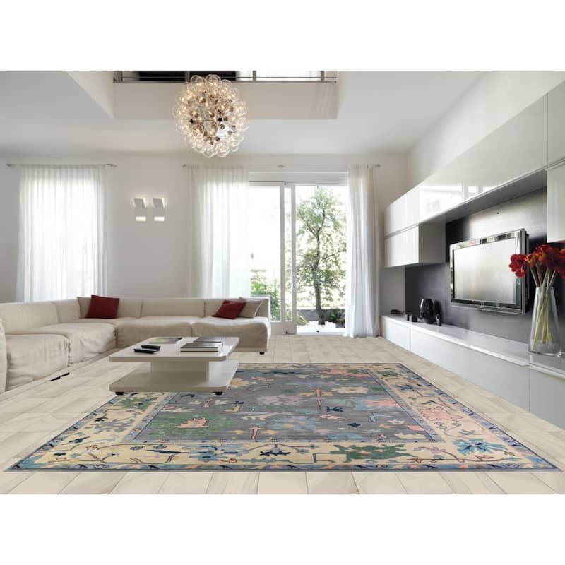 Gray Floral Oushak Indian Large Rug Handmade Wool Carpet - 11'9" x 14'11"