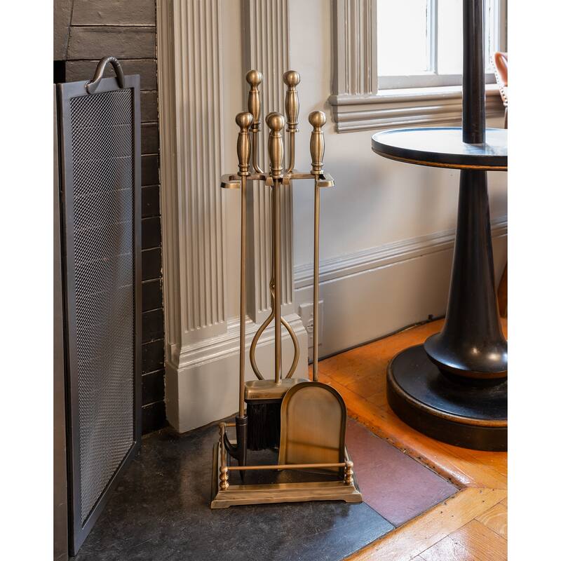 Achla Designs Oxford Set of 4 Fireplace Tools, 30.5 Inch Tall, Black and Polished Brass