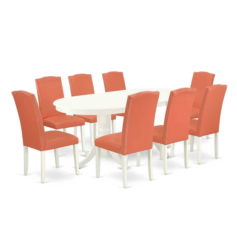 Modern Kitchen Dining Set - 9 Piece Table with Leaf & 8 Chairs - Pink Flamingo Linen White Legs