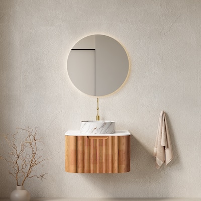 24 Inch/30 Inch/36 Inch Wall-Mounted Bathroom Vanity Cabinet with Counter Top Sink, Round Ceramic Basin with Stone Pattern