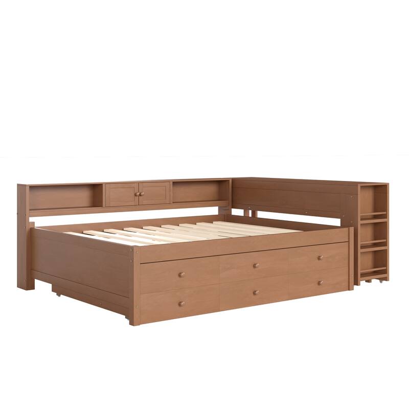 Full/Twin Daybed with Trundle & Storage Drawers - Wood Frame with Side Shelves and Desk