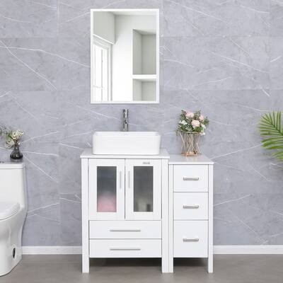 36" White Bathroom Vanity Sink Set with Side Cabinet Vessel Sink Mirror Faucet Combo