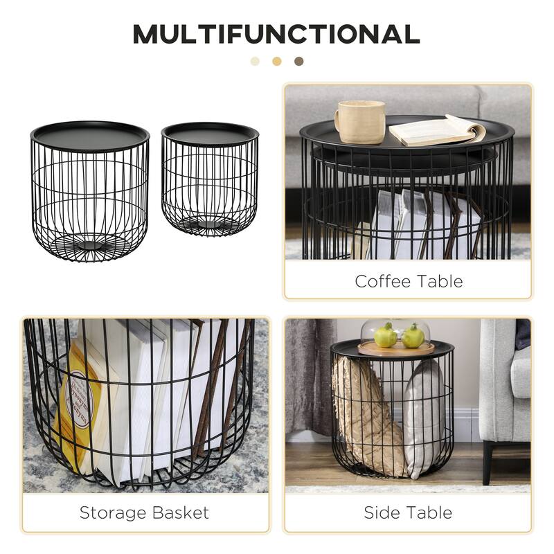 HOMCOM Nesting End Tables, Round Coffee dinnof 2 with Steel Wired Basket Body and Removable Top, Black