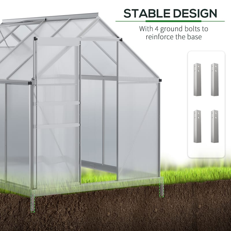 Outsunny Aluminum Greenhouse Polycarbonate Walk-in Garden Greenhouse Kit with Adjustable Roof Vent, Rain Gutter and Sliding Door