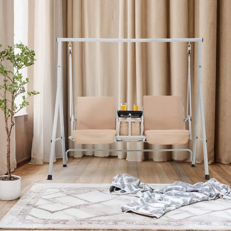 Outdoor Swing with Stand, Canopy, Pivot Table & 2 Cup Holders - Patio, Balcony, Bedroom