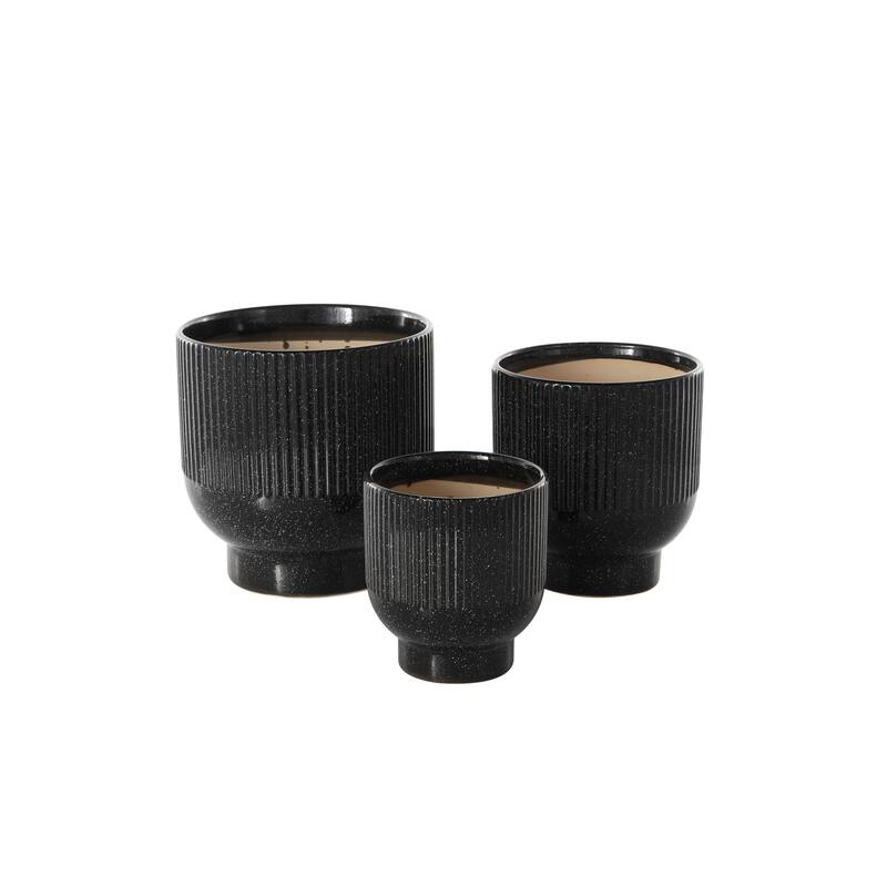 Black, Light Blue or White Ceramic Speckled Planter with Linear Grooves and Tapered Bases (Set of 3)