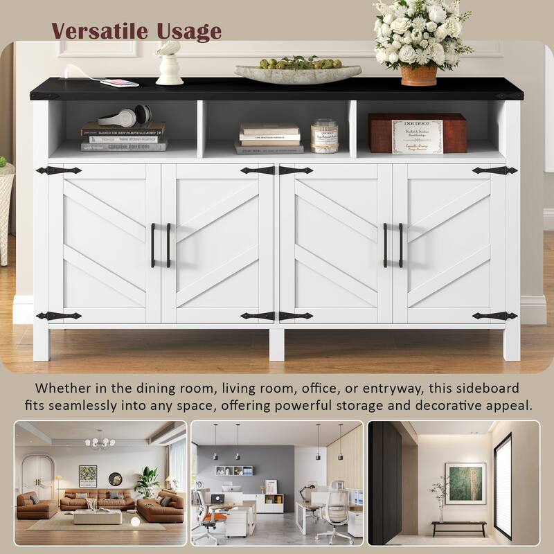 Sideboard Buffet with Power Outlets and USB Ports, 4 Door Sideboard with Adjustable Shelves and 3 Open Storage Cubbies