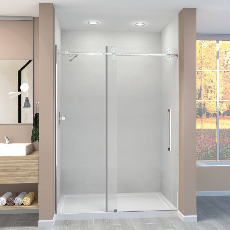 Teegan 59 in. W x 80 in. H Sliding Semi Frameless Shower Door with Fixed Panel with Clear Glass - 56.5-59-in W x 80-in H