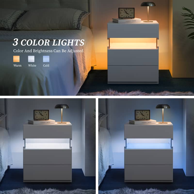 GDF Studio - Avalon Modern LED Nightstand with Acrylic Light Panel and Three Storage Drawers
