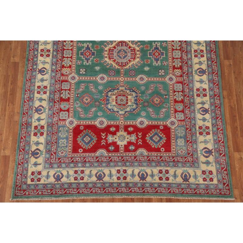 Hand Knotted Oriental 100% Wool Carpet Traditional Geometric Green Kazak Area Rug - 9' 9'' X 6' 7''