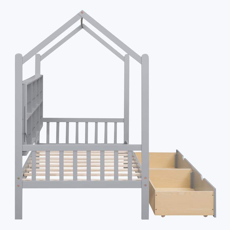 Comfortable Wooden House Bed with 2 Drawers,Kids Bed with Storage Shelf