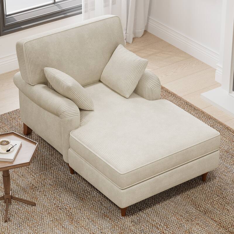 Beige Chaise Lounge Chair with 2 Pillows, Corduroy Fabric Sleeper Sofa Chair, 40.5'' Oversized Single Chair Bed, Rolled Armchair - Beige