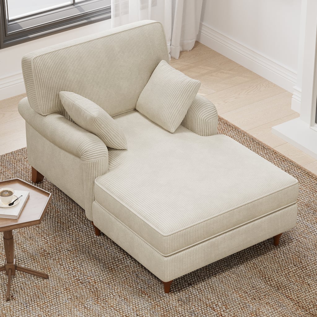 Beige Chaise Lounge Chair with 2 Pillows, Corduroy Fabric Sleeper Sofa Chair, 40.5'' Oversized Single Chair Bed, Rolled Armchair