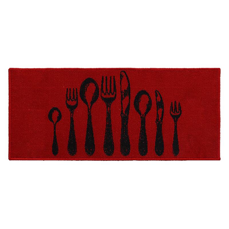 Chic Cutlery Print Wool-Effect Kitchen Mat and Runner Rug - Runner Rug 48" L x 20" W - Red/Black