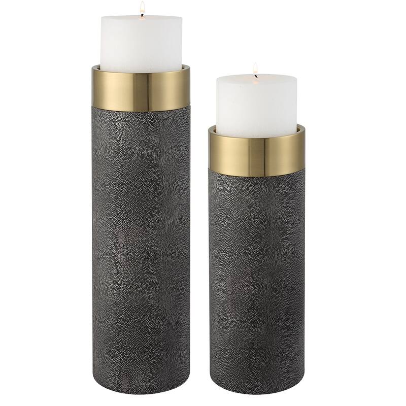 Uttermost Wessex Gray Candleholders, S/2 - 4.625"W x 16"H x 4.625"D - Gray Shagreen, Antique Brass