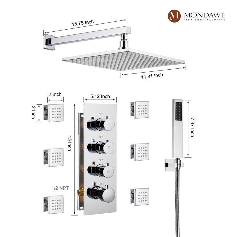 3 Functions Thermostatic LED Light Wall Mounted Shower System