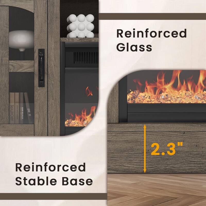 Meyreso 70.8" Vintage Fireplace TV Stand with 36" Electric Insert, Arched Glass Doors & LED Lighting