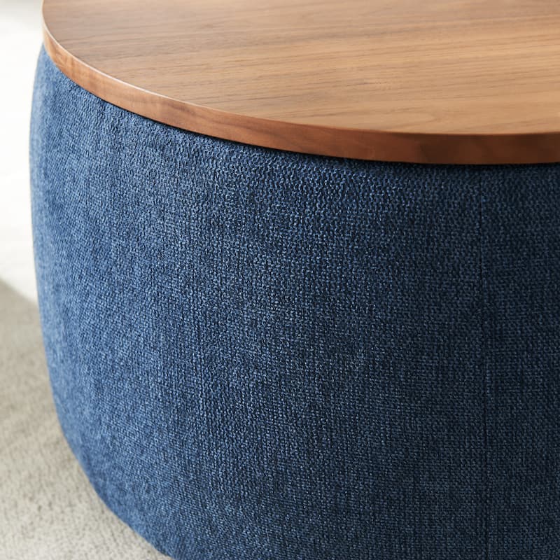 Round Storage Ottoman, Upholstered Coffee Table with Wooden Reversible Lid, 2 in 1 Function Foot Stool for Living Room, Office