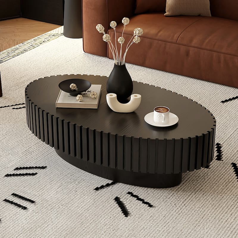 Modern 43.31" Oval Coffee Table with Sturdy Base, Wood Center Tables Fluted Tea Table for Living Room, Reception Room - Black