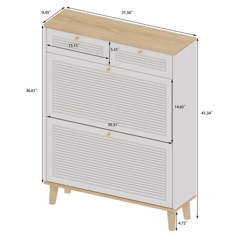 Narrow Shoe Cabinet with 2 Flip-Up Doors & 2 Drawers, Freestanding Entryway Shoe Organizer, Shoe Rack with Natural Wood Legs