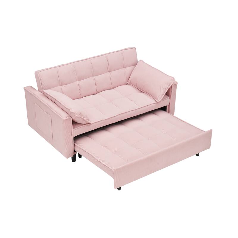 Corduroy Pull Out Loveseat Sofa Convertible Sleeper Love Seat Bed Adjustable Backrest Tufted Couch w2 Pillo & Pockets