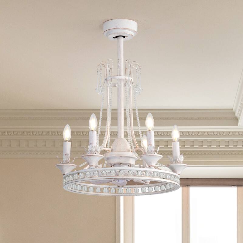 22-Inch Decorative Chandelier Ceiling Fan with Light and Remote - Distressed White with crystal accent
