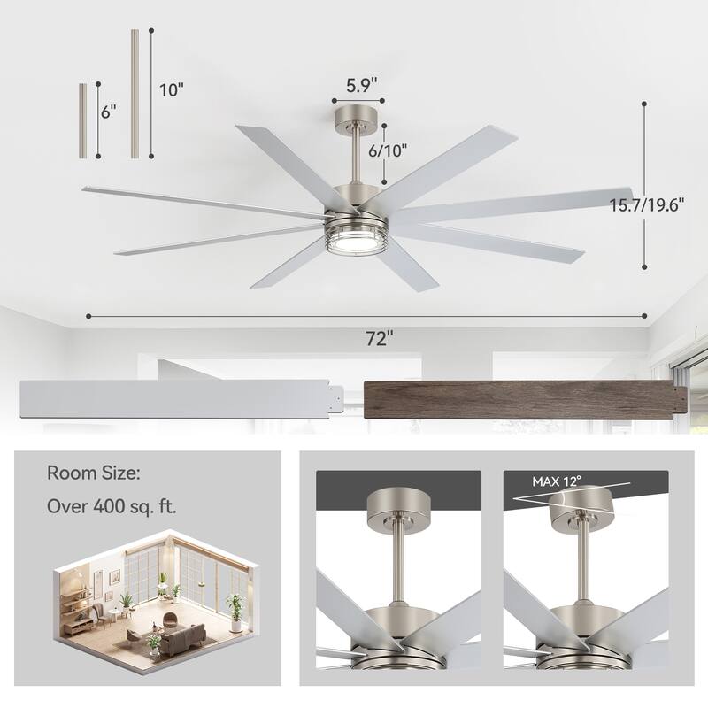 72/52-inch Reversible 8/5-Blade Dimmable LED Ceiling fan with Light and Remote