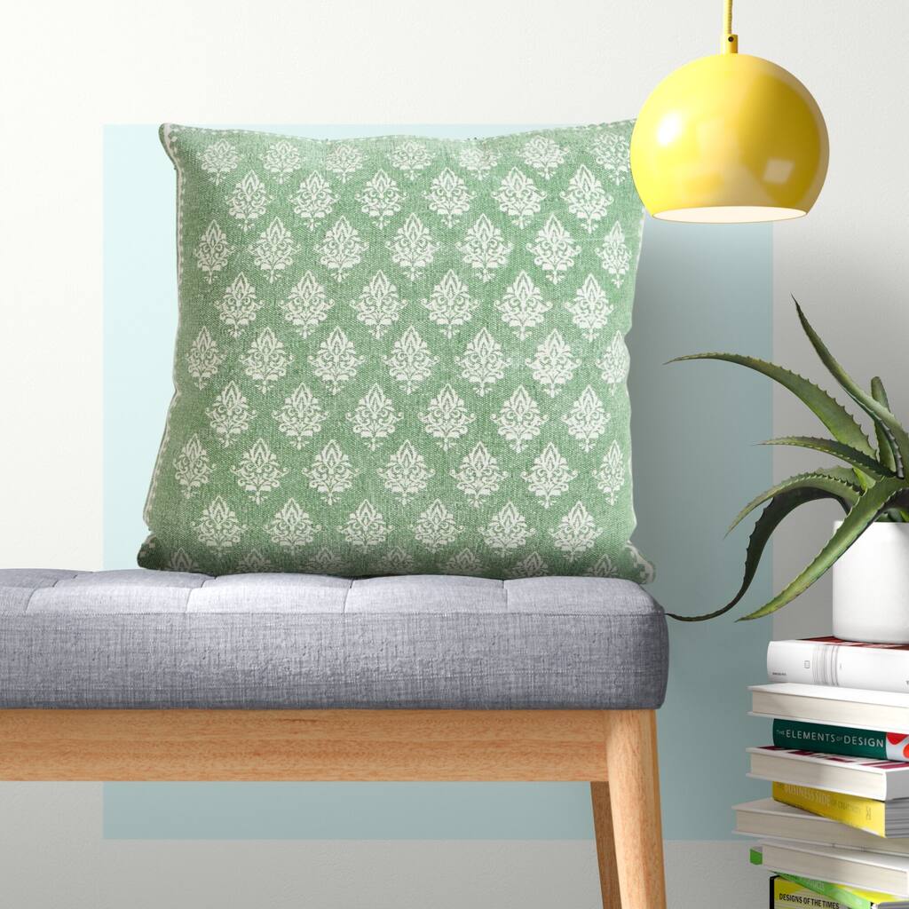 Handwoven Damask Cotton Throw Pillow Cover - 20" - Green and White