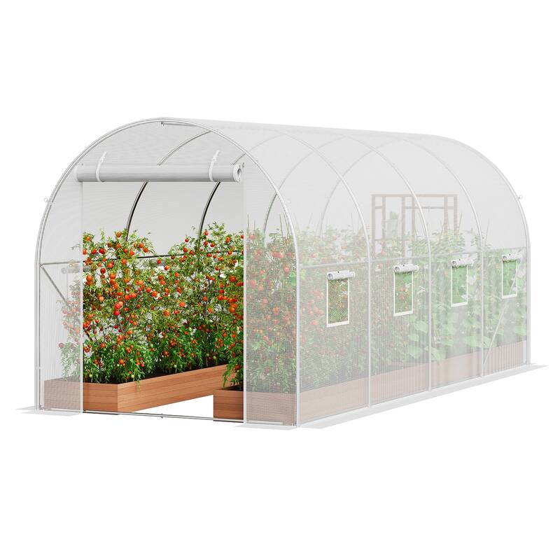 Walk-in Tunnel Greenhouse, Hoop House Greenhouse Tunnel, Plant Hot House with Galvanized Steel Frame, Green PE Cover - 14.6x6.4x6.3 ft ,White