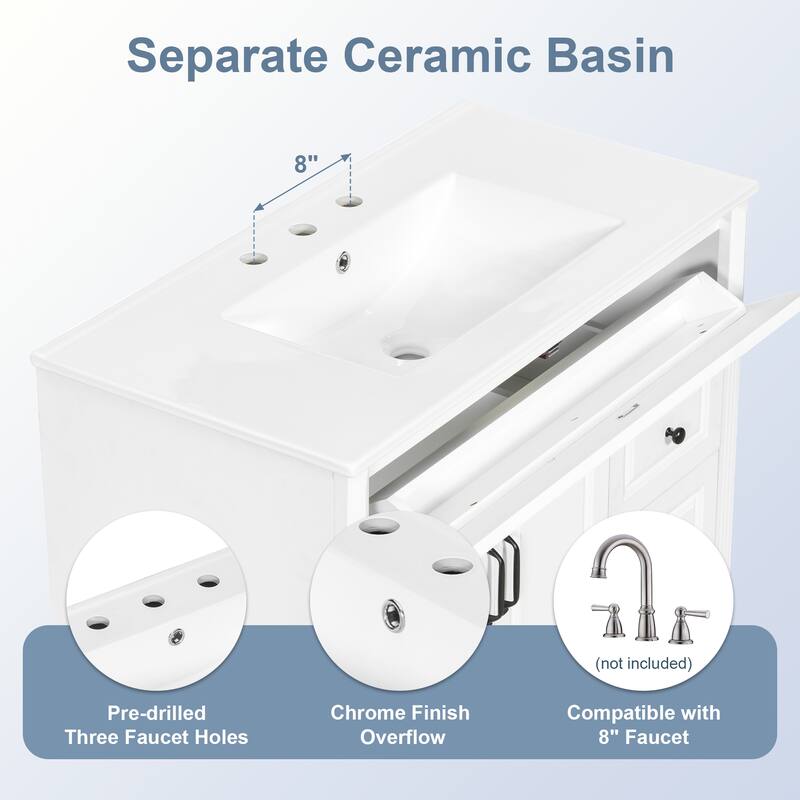 36" Bathroom Vanity with Sink, White Solid Wood Bathroom Cabinet with Flip Drawer, 3 Drawers & 2 Doors