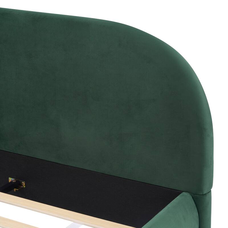 Dark Green Velvet Queen Bed - Luxurious Texture, Curved Headboard, High Load Capacity, Easy Assembly