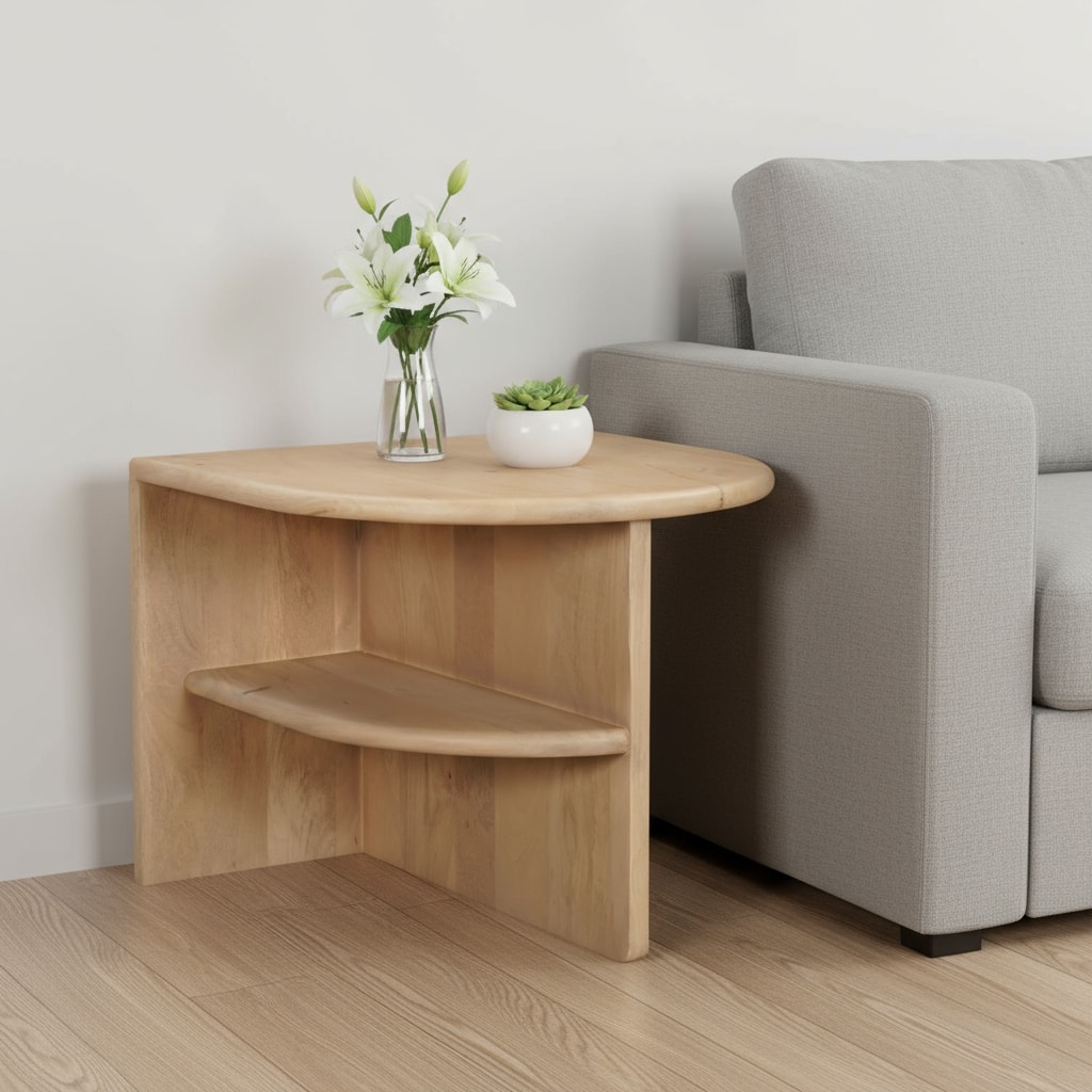 HomeRoots 22" Natural Solid Wood Semi Circle End Table With Shelf - 22.00 in. x 22.00 in. x 18.00 in.