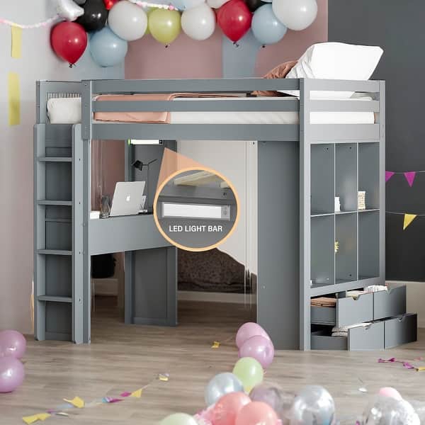 slide 2 of 9, Twin Size Loft Bed With Large Shelves,Writing Desk and LED Light for Home Grey