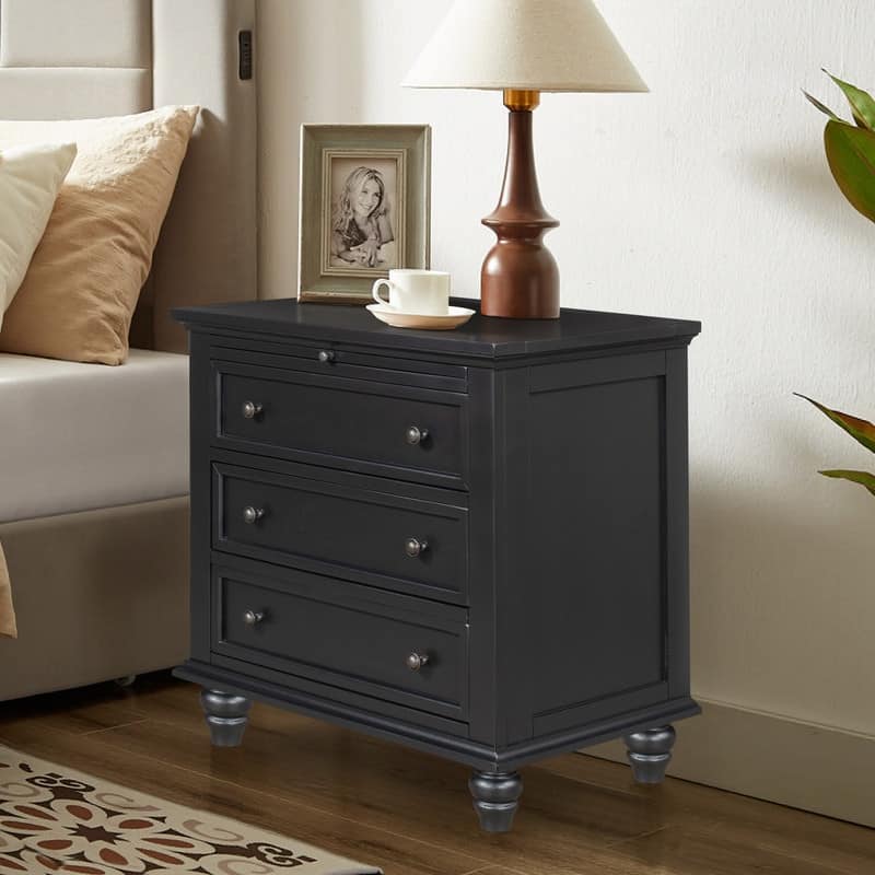 Farmhouse 3-Drawers Wood Nightstands with Pull Out Tray and Solid Wood Legs