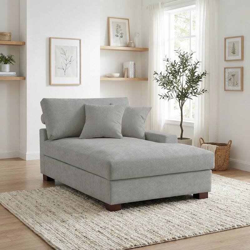 Oversized Chenille Modular Chaise Lounge With Deep Seat - Right facing - Grey