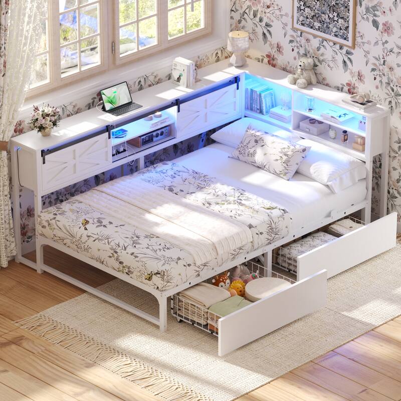 Corner Daybed with Drawers and Bookcase, Twin Bed Frame with LED Light and Charging Station