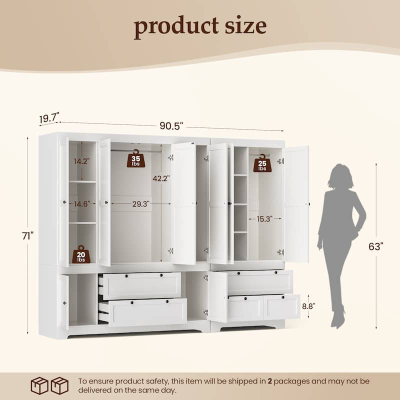 Pocassy 71" H Wardrobe Closet with Drawers with Doors and Storage