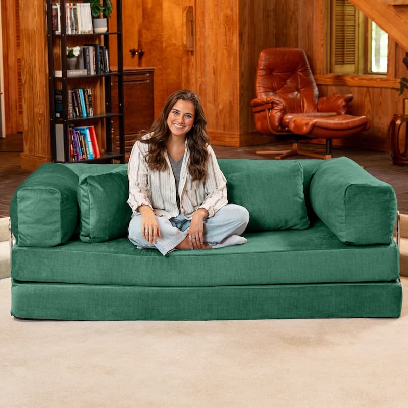 Jaxx Unsofa Modular Convertible Sectional Sofa with Fold Out King Sleeper Bed - 2-Seat Sofa. - Performance Microvelvet Peacock Green