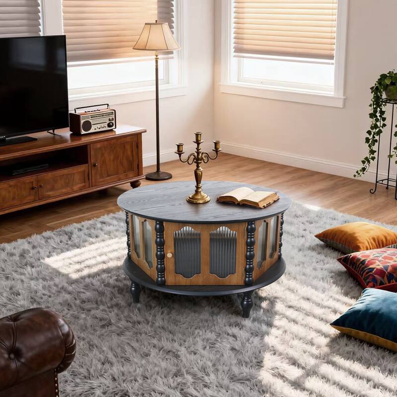 31.5-inch Round Three-Door Storage Coffee Table, Modern Real Wood Veneer Coffee Table, Suitable for Living Room - Black+Brown