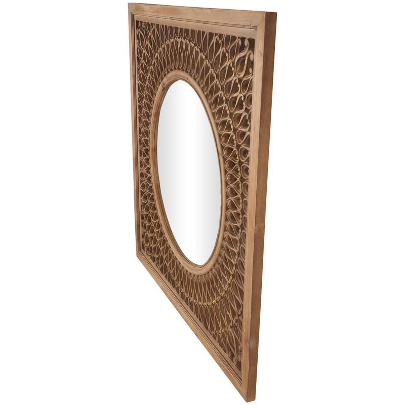 Brown Wood Room Wall Mirror with Carved Scroll Pattern